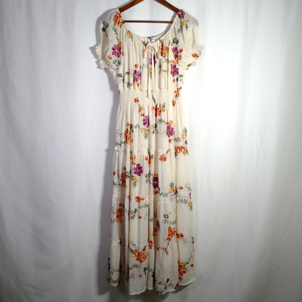 Kindred Cottagecore Tiered Floral Midi Dress Size XL Petite Embroidered Prairie